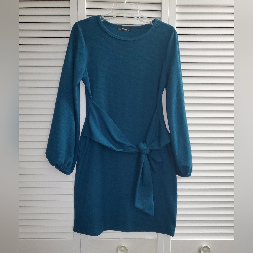 Elegant Teal Long Puff Sleeve Dress- Sz M